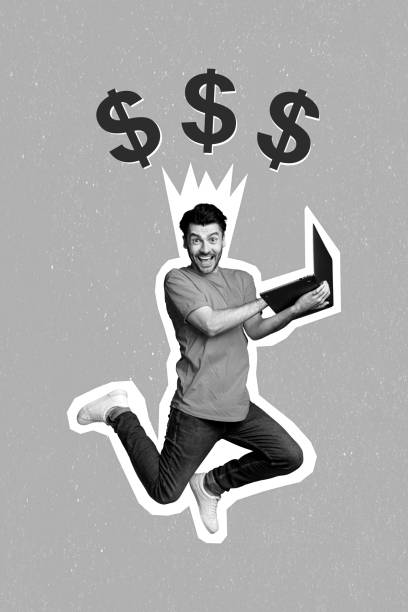 istock Artwork composite collage photo of young jumping positive overjoyed trader hold netbook celebrate money big profit isolated on green background 2193399577