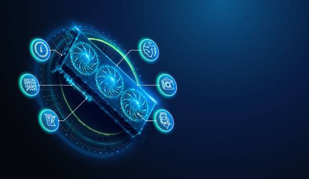 istock Abstract illustration of low poly GPU graphics card accelerator with AI themed lineart icons. Geometric background on artificial intelligence technology computing hardware concept by wireframe mesh 2193401409