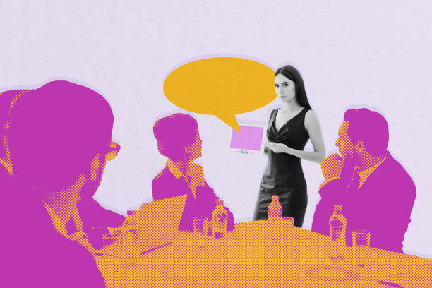 istock Composite creative art collage of serious businesswoman show ereader bubble notification project conference isolated on painted background 2193401713