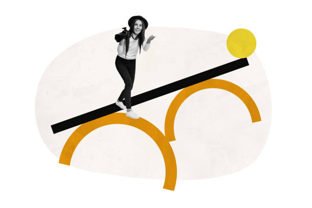 istock Composite trend artwork sketch image collage of element escape geometry hurdle small young lady stand platform hold photocamera journalist 2193401725