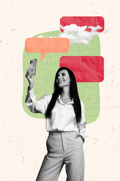 istock Composite trend artwork image photo collage of speech cloud chatting app social media young lady stand smartphone selfie video blogger 2193401770