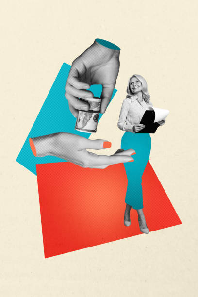 istock Composite image montage trend artwork collage of middle age lady stand hr clipboard hand hold money roll salary earnings budget currency 2193402100