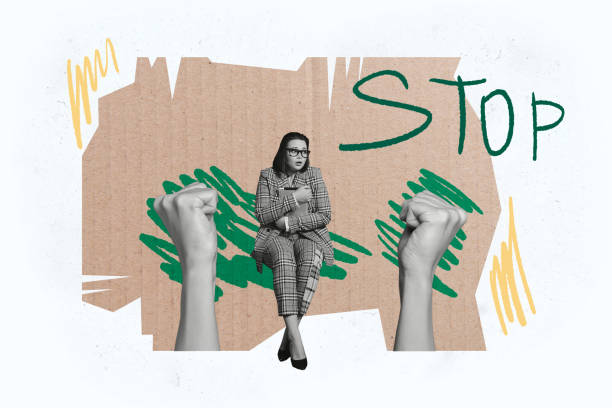 istock Creative collage young businesswoman afrad scared bullying fist arms gesture hands rebellion protest against stop drawing background 2193403473