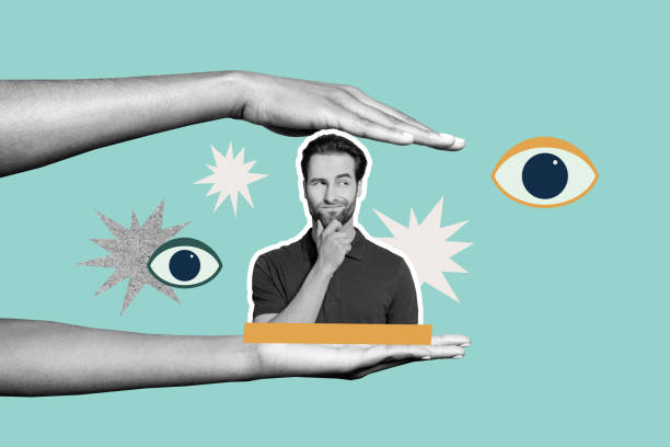 istock Composite art 3d creative image collage of suspicious guy think hands show palms eyeball vision stare control spy observer 2193404984