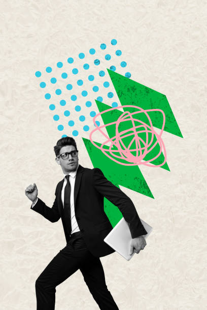 istock Composite sketch image design trend artwork collage of young man walk hold laptop vacancy office entrepreneur workspace manager remote 2193405897