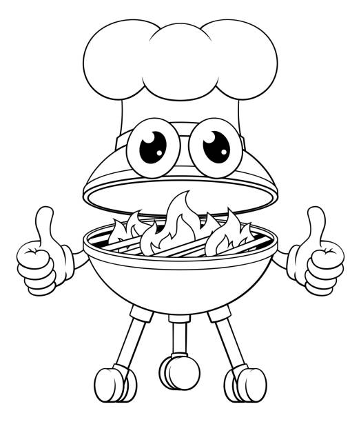 Barbecue Chef Cartoon Mascot Charcoal BBQ Person A barbecue chef cartoon mascot charcoal BBQ man person concept man grilling white background stock illustrations