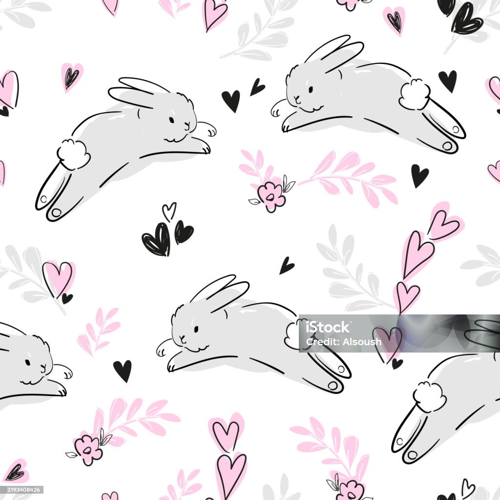 Funky Drawn Rabbit Hand Drawn Cute Rabbits Vector Illustration Little Bunnys Seamless ...