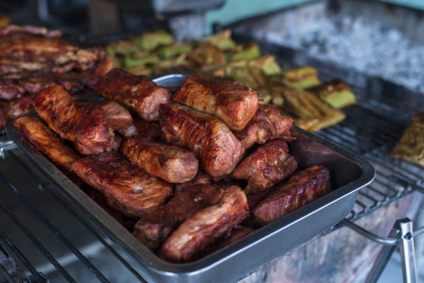 istock Cooked Pork Steak, Roast Pork on metal sheet 2193409715