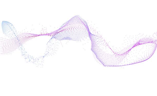ilustrații de stoc cu val de multe linii care curg particule, dungi ondulate punctate abstracte, gradient albastru violet, flux dinamic curbat vectorial - particulă