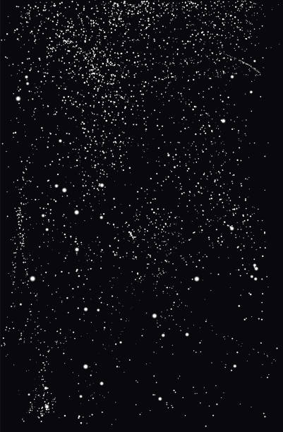 Vector illustration of small sparkling particles on a black isolated background. Dust or snow overlay effect. Grainy abstract texture. Snowfall. Christmas snowflakes. Magic decoration.