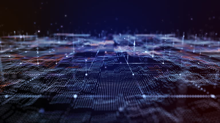 Flying through futuristic digital geology terrain, digital data telemetry and engineer topography with contour lines.