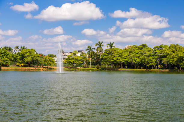 Water jet at the natural lagoon of La Polvora, Public Park in Villahermosa, Tabasco State.