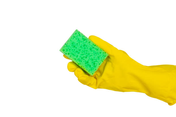 Colorful dish sponges isolated on white background. Kitchen sponge. Cleaning concept, cleaning service. Dishwashing liquid with clean and dirty dishes plate. Place for text, copy space.Wash the dishes