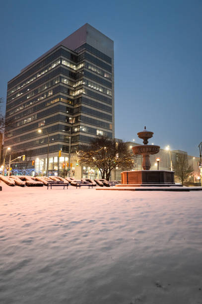 The Windsor, Ontario winter skyline at dusk.