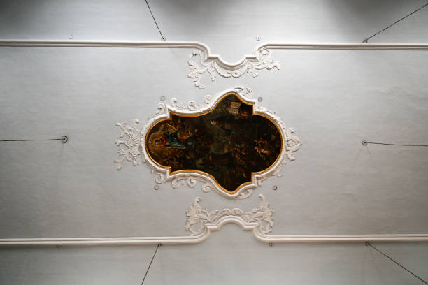Istanbul, Turkey - September 1, 2025: Ceiling detail with colorful geometric and floral patterns inside the Virgin Mary Greek Orthodox Church in Beyoğlu on Istiklal Avenue. The ornate decorations reflect Byzantine-inspired Orthodox Christian art.
