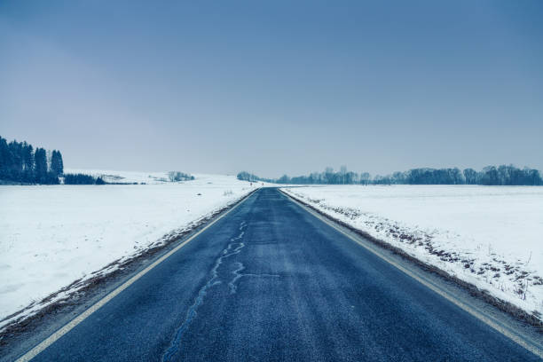 istock Empty asphalt road crossing snowy fields in Poland 2193441538