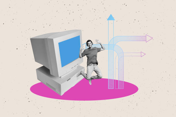 istock Composite trend artwork sketch image photo collage of office manager huge obsolete computer monitor young guy jump headphones music arrow 2193452078