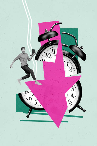 istock Vertical creative art collage of happy man freelancer run work schedule broke alarm clock time management isolated on painting background 2193452080