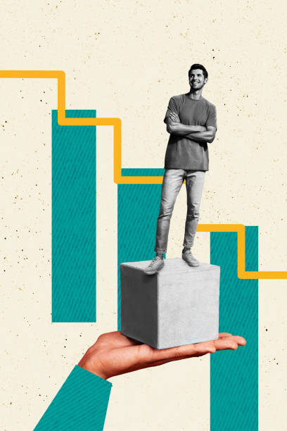 istock Composite trend artwork image photo collage of miniature young guy hand hold cube graphics stats trader success ladder career promotion 2193452611