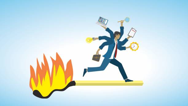 istock Stressful life, man running in front of burning match. Stress with cooping timeline and plans and hold on to control. Vector illustration. Dimension 16:9. 2193452983