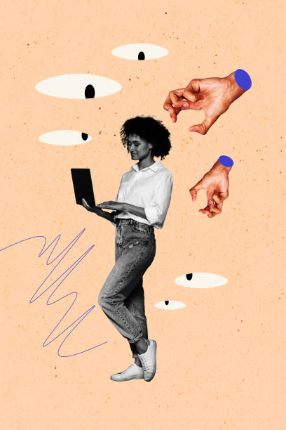 istock Composite trend artwork sketch image photo collage of eye watch cyberspace hacker illustration young lady work laptop hand gesture catch 2193453017