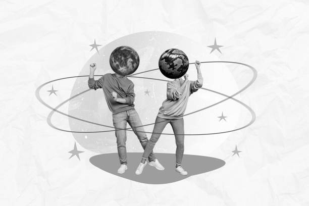 Creative collage image of two people moon planet earth instead head dancing chilling painted orbit stars isolated on drawing background