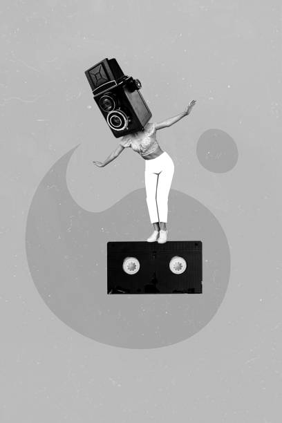 istock Creative retro 3d magazine collage image of lady retro camera instead head walking vhs cassette isolated painting background 2193453872