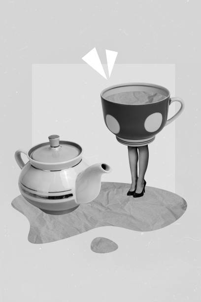 istock Vertical collage illustration of tea pot cup black white colors legs spit puddle isolated on background 2193453887