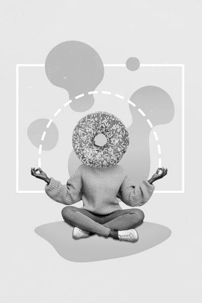 istock Creative photo 3d collage artwork poster postcard of girl refuse sweets try avoid stress by meditation isolated on painting background 2193453897