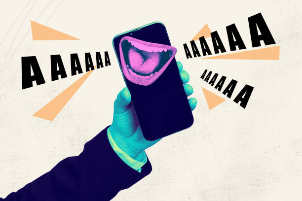 istock Composite creative trend collage of hand hold phone screaming mouth aaa cyberbully offended user virus attack pressure 2193454108