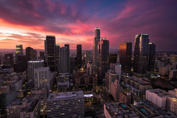 istock Fiery Evening Sky Behind Downtown LA Skyline - Drone Shot 2193454728