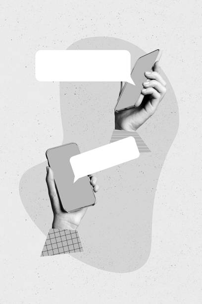 istock Vertical collage picture of two black white colors arms hold telephone empty space dialogue bubble isolated on painted background 2193454802