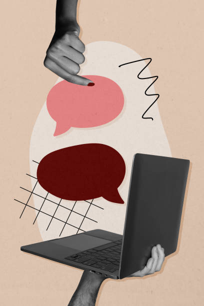 istock Vertical creative art collage of hands hold colorful bubble communication sms laptop device gadget email isolated on painting background 2193454848