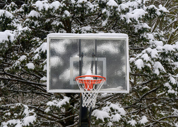 Basketball goal covered with ice and snow