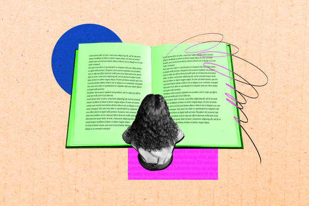 Composite creative art collage of anonym girl read book text education student session preparations exam isolated on painted background