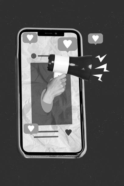 Photo artwork minimal collage picture of apple samsung modern device screen arm making announcement isolated drawing background