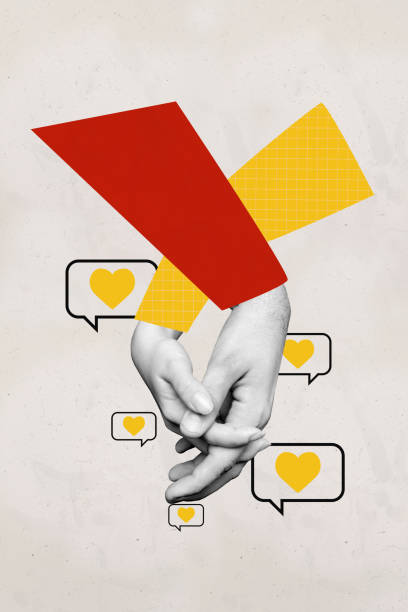 Vertical collage poster hands hold each other lovers couple relationship textbox message notification blogging like feedback sympathy