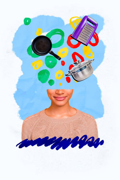 Vertical poster collage smiling woman half face culinary cook food meal preparation tools pan drawing doodles kitchenware