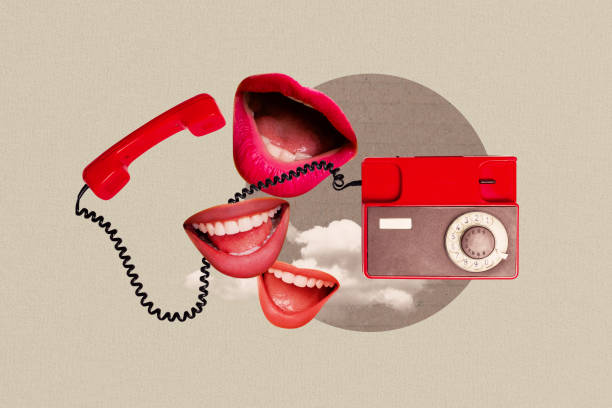 istock Creative artwork template sketch image 3D collage of landline phone obsolete style huge lady lips mouth smile talk say rumors cloud 2193456336