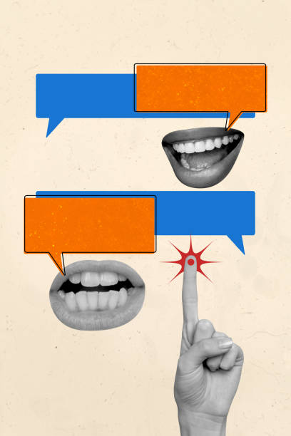 istock Trend composite sketch template 3D photo collage of app speech network cloud communication anonym hand finger point mouth lips chatting 2193456395