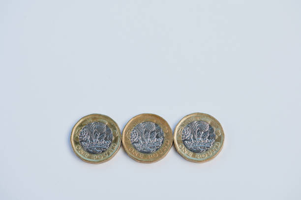 Close-up view of British pound coins laid out on a clean white backdrop, highlighting their design.