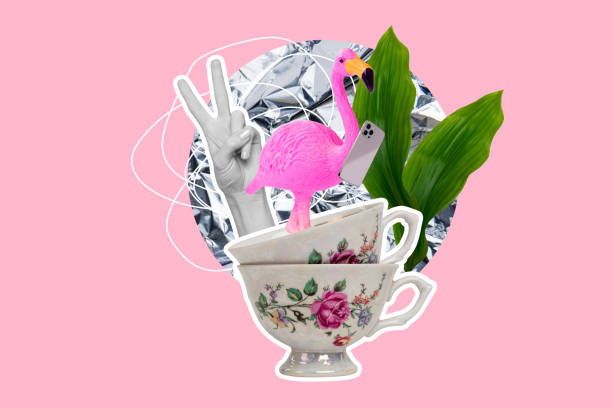 3d sketch poster trend collage image of coffee cup stack phone online order coffeehouse flamingo toy bird peace hand gesture