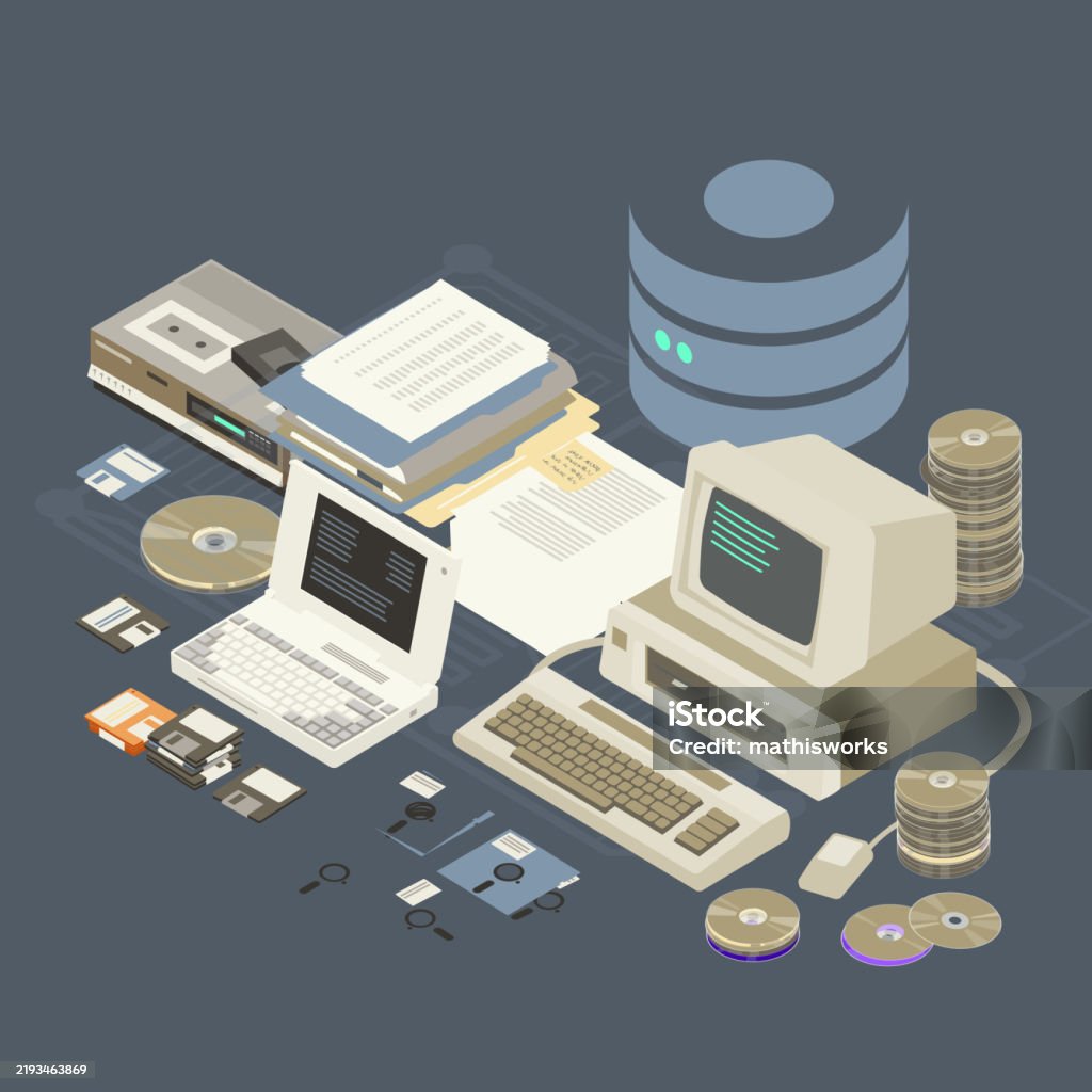 Legacy data Legacy data is illustrated in a variety of forms here, including: CD roms, CDs, floppy disks, diskettes, stacks of paper, file folders, old computers, and a 3D generic data symbol. Isometric illustration presented on a dark blue-gray background. Isometric Projection stock vector Legacy data Legacy data is illustrated in a variety of forms here, including: CD roms, CDs, floppy disks, diskettes, stacks of paper, file folders, old computers, and a 3D generic data symbol. Isometric illustration presented on a dark blue-gray background. Isometric Projection stock vector