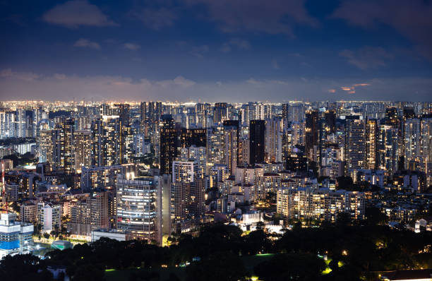 Singapore, Singapore - March 1, 2016: Skyscrapers at Marina Boulevard in the center of the Downtown Core in Singapore at night.