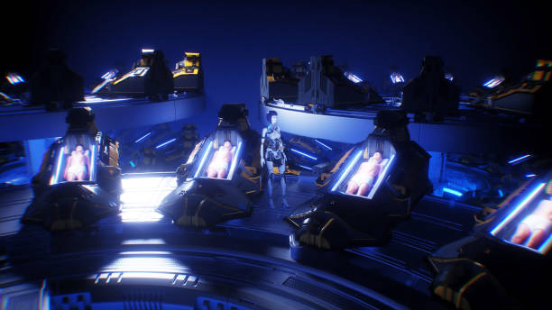 istock futuristic female robot in laboratory with cryocapsules with sleeping peoples. Cryo sleep future concept. 3d rendering. 2193464925