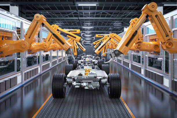 Robots group collected modern car ,3d render