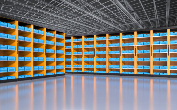 istock Warehouse interior with racks full of parcels 2193471019