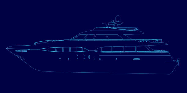 istock Blue boat with a stripe is shown in a blue background. The boat is a large yacht with a stripe on the side 2193474331