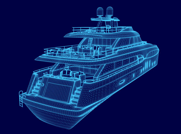 istock Blue boat with a stripe is shown in a blue background. The boat is a large yacht with a stripe on the side 2193475061