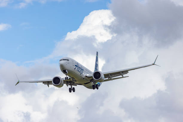 Portland, Oregon, USA - June 15, 2024 : An Alaska Airlines Boeing 737, one of 237 in the Alaska Airlines fleet, comes in for landing at Portland International Airport.